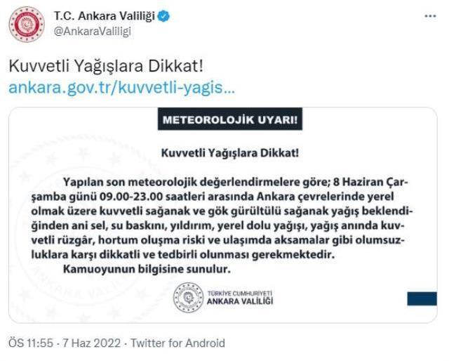 Valilik'ten Ankaralılara uyarı: Sel baskını, kuvvetli rüzgar ve hortum oluşma riski var