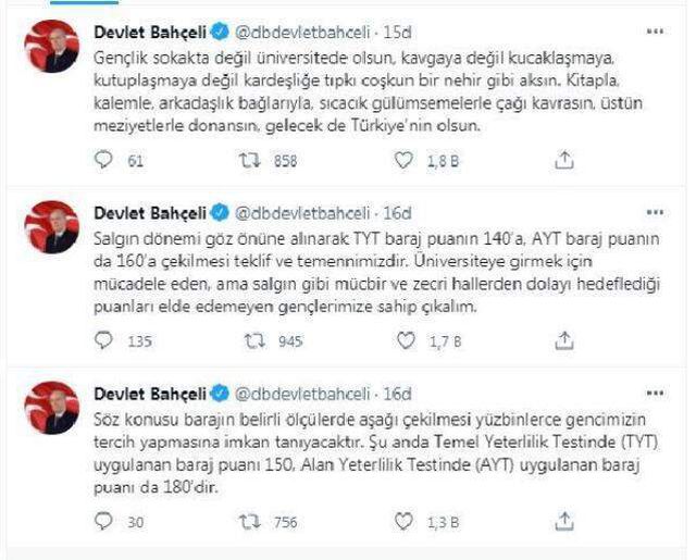 Son Dakika! MHP lideri Bahçeli'den üniversite sınavı çağrısı: TYT baraj puanı 140'a, AYT ise 160'a çekilsin