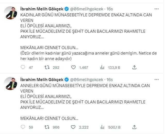 Melih Gökçek, 8 Mart Dünya Kadınlar Günü'nde Anneler Günü'nü kutladı