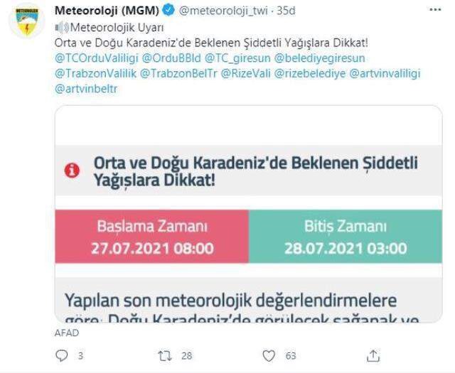 Meteoroloji ve AFAD'tan Orta ve Doğu Karadeniz illerine sel ve baskın uyarısı