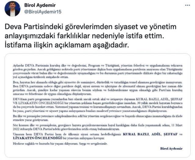 DEVA Partisi'nde üst düzey istifa şoku! Babacan'a yakın Birol Aydemir 'Başarı geleceğine inanmıyorum' diyerek görevi bıraktı