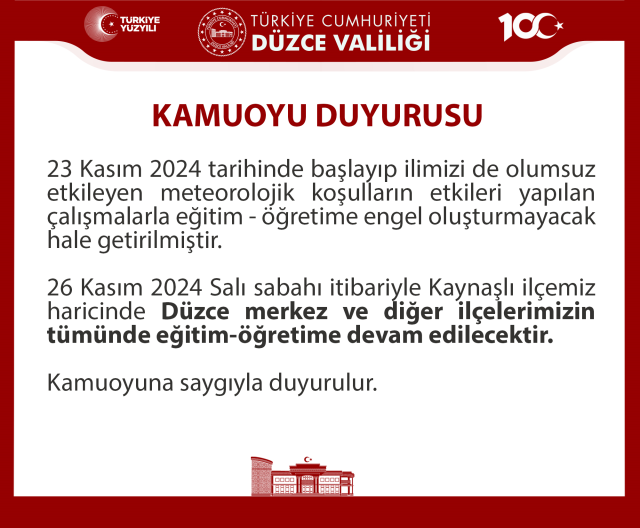 Düzce okullar tatil mi? 26 Kasım Salı Düzce'de okul yok mu (Valilik Açıklaması)?