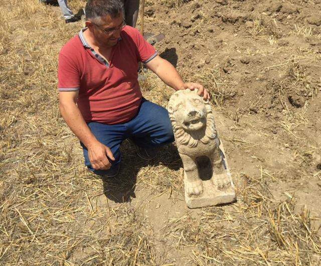 Çorumlu çifçi tarlasını sürerken aslan ve kartal figürlü objeler buldu