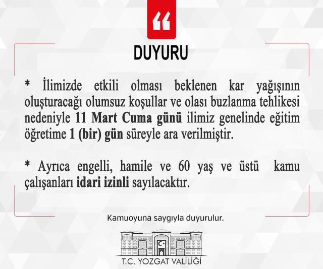 Yozgat'ta okullar tatil mi? Yozgat Valiliği açıklaması! Yozgat kar tatili var mı? Yozgat Hava Durumu!