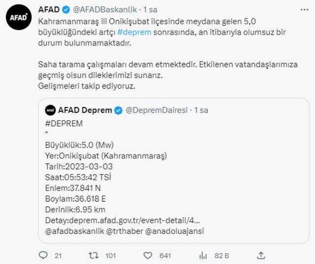 11 ilde yıkıma neden olan depremin merkez üssü Kahramanmaraş'ta 5 büyüklüğünde artçı sarsıntı