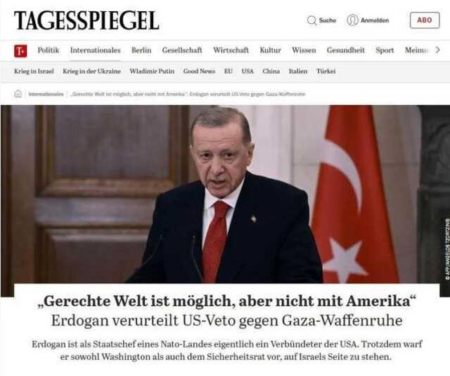 Cumhurbaşkanı Erdoğan'ın Gazze'de ateşkes tasarısını tek başına reddeden ABD ve BMGK'ya tepki dünya basınında