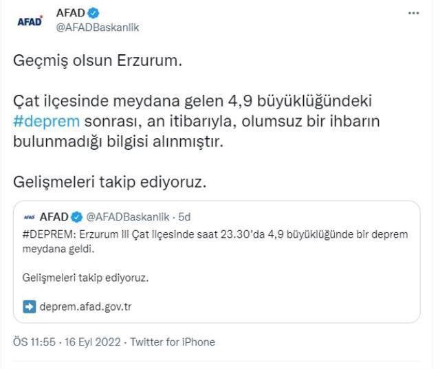 Son Dakika: Erzurum'da 4,9 büyüklüğünde deprem meydana geldi