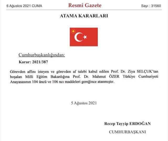 Milli Eğitim Bakanı Ziya Selçuk istifa etti, yerine Bakan Yardımcısı Mahmut Özer atandı