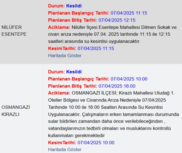 Bursa BUSKİ su kesintisi! 7-8 Nisan Bursa'da su kesintisi ne zaman bitecek, sular ne zaman gelecek?