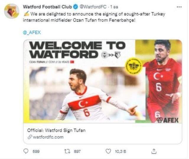 İngiliz ekibi Watford, Ozan Tufan'ı kadrosuna kattığı için çok mutlu