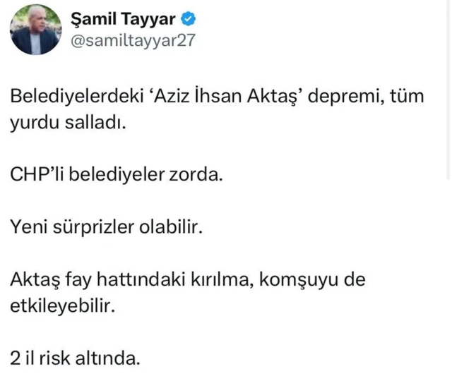 Şamil Tayyar önce paylaştı sonra sildi: Yeni sürprizler olabilir, 2 il risk altında