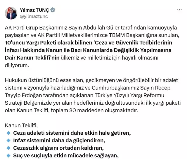 Adalet Bakanı Tunç'tan infaz düzenlemesine ilk yorum