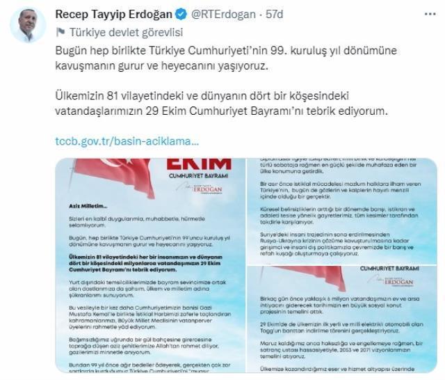 Cumhurbaşkanı Erdoğan'dan '29 Ekim Cumhuriyet Bayramı' mesajı Açıklaması