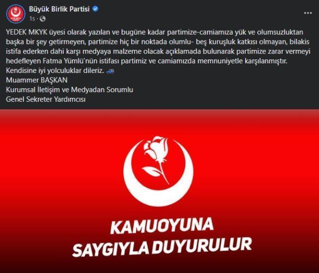 ''AK Parti'ye oy istemem'' diyerek istifa eden Fatma Yümlü'yle ilgili BBP'den açıklama: Bize 5 kuruşluk katkısı olmadı