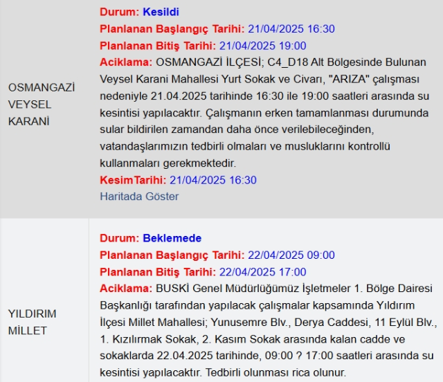 Bursa BUSKİ su kesintisi! 21-22 Nisan Bursa'da su kesintisi ne zaman bitecek, sular ne zaman gelecek?