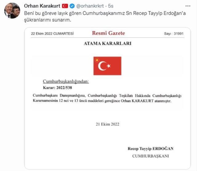 Cumhurbaşkanı Danışmanlığına Orhan Karakurt ve Cengizhan Başaran atandı