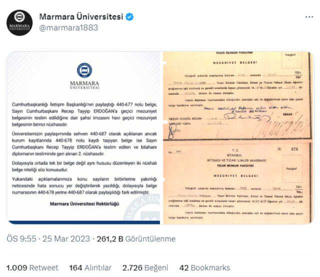 Marmara Üniversitesi'nden Cumhurbaşkanı Erdoğan'ın diplomasıyla ilgili yeni paylaşım: Hata sonucu yer değiştirilerek yazıldı