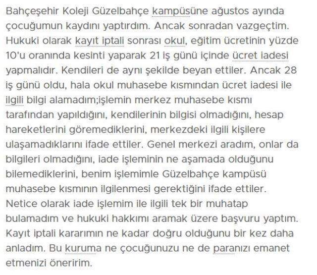 Bahçeşehir Koleji Ücret İadesi sorunsalı!