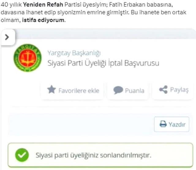 Yeniden Refah'ın Cumhur İttifakı'na katılmasının ardından istifalar başladı! e-Devlet üzerinden üyelik iptali yapıyorlar
