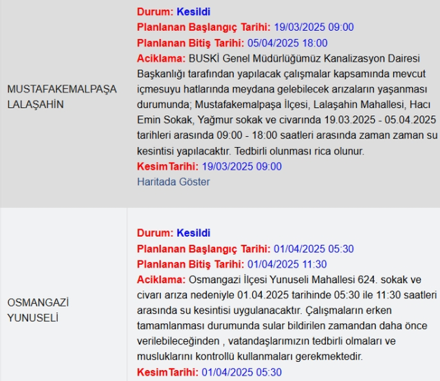 Bursa BUSKİ su kesintisi! 1-2 Nisan Bursa'da su kesintisi ne zaman bitecek, sular ne zaman gelecek?