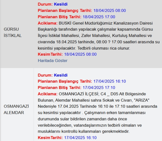 Bursa BUSKİ su kesintisi! 17-18 Nisan Bursa'da su kesintisi ne zaman bitecek, sular ne zaman gelecek?