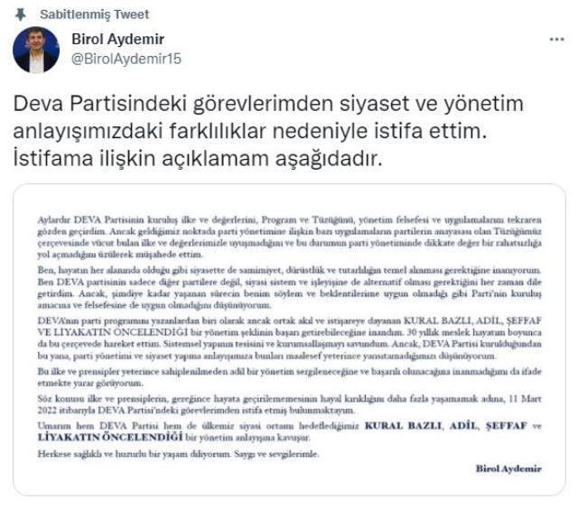DEVA Partisi'nde şaşırtan ayrılık! Genel Başkan Yardımcısı Birol Aydemir istifa etti