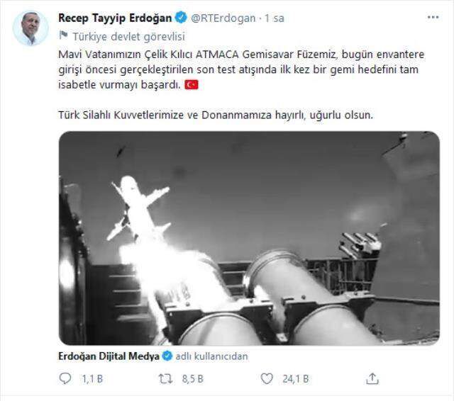 Cumhurbaşkanı Erdoğan'dan 'Atmaca Gemisavar Füzesi' paylaşımı: Hedef tam isabetle vuruldu