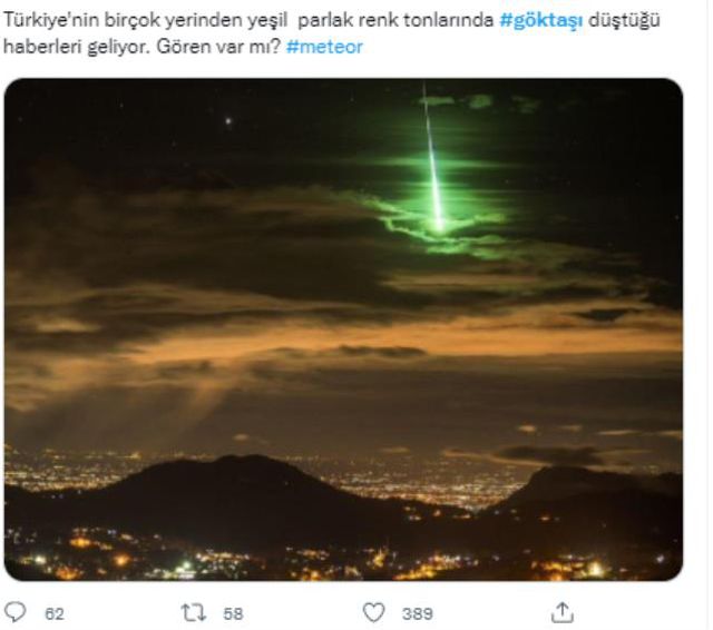 Gökyüzünde yeşil ışık saçan göktaşının Türkiye'de görüntülendiği iddiası