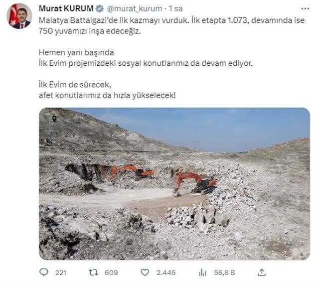 Bakan Kurum sosyal medyada duyurdu! Deprem bölgesinde ilk kazma vuruldu, ilk etapta 1800 konut yapılacak