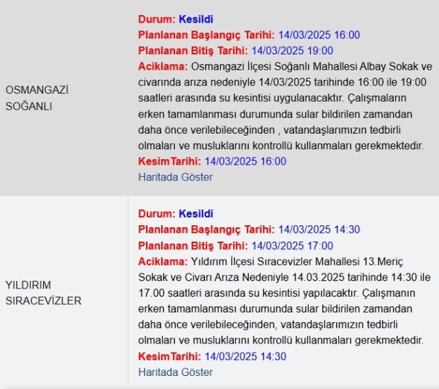 Bursa BUSKİ su kesintisi! 14-15 Mart Bursa'da su kesintisi ne zaman bitecek, sular ne zaman gelecek?