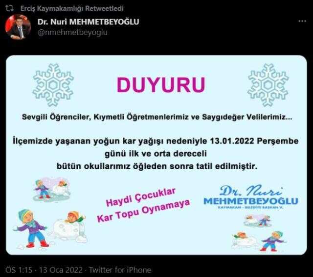 Van Erciş okullar tatil mi? 13 14 Ocak Van Erciş okullar ne zaman tatil?