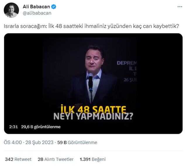 Babacan'dan hükümete sert soru: İlk 48 saatteki ihmaliniz yüzünden kaç can kaybettik