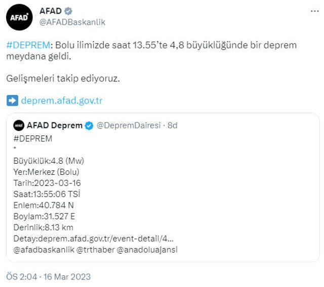 Son Dakika: Bolu'da 4.8 büyüklüğünde bir deprem meydana geldi