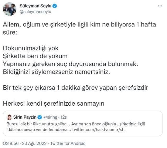 Bakan Soylu'dan oğlu ve şirketiyle ilgili iddialar hakkında Şirin Payzın'a sert yanıt: Bildiğinizi söylemezseniz namertsiniz