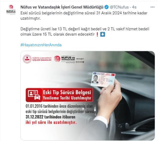 İçişleri Bakanlığı Nüfus ve Vatandaşlık İşleri Genel Müdürlüğü: Eski tip sürücü belgelerinin değiştirilme ücreti 31 Aralık 2024'e kadar 15 TL olacak
