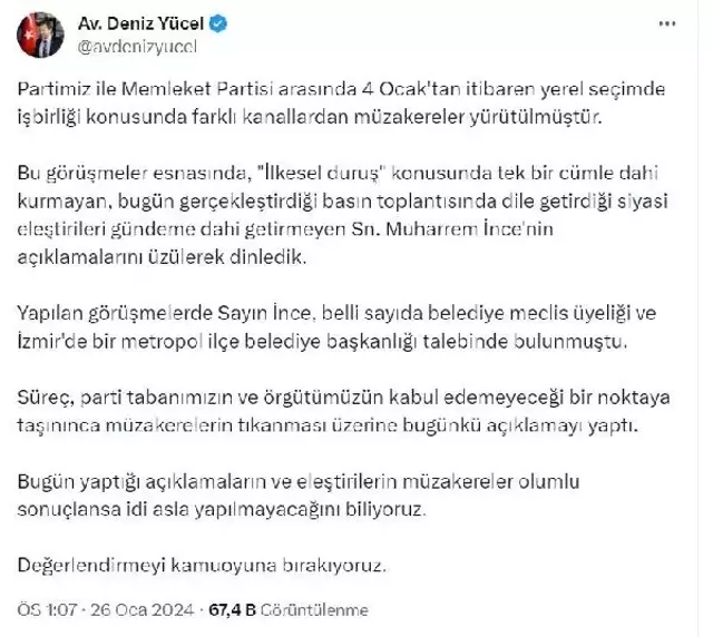 CHP Genel Başkan Yardımcısı Deniz Yücel, Muharrem İnce'nin taleplerini açıkladı