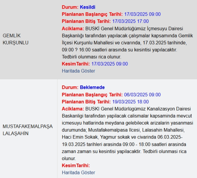 Bursa BUSKİ su kesintisi! 17-18 Mart Bursa'da su kesintisi ne zaman bitecek, sular ne zaman gelecek?