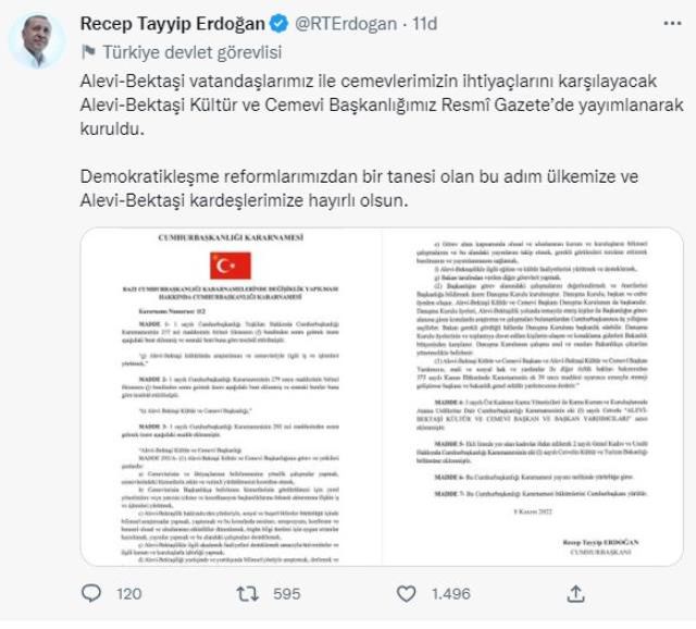 Cumhurbaşkanı Erdoğan'ın talimatını verdiği Alevi-Bektaşi Kültür ve Cemevi Başkanlığı kuruldu