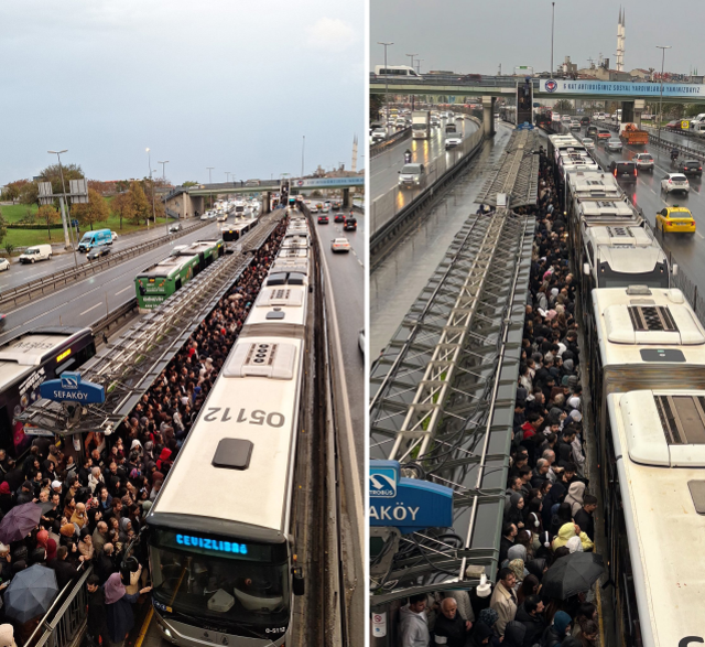 Sabah yağışı sırasında Metrobüs duraklarındaki yoğunluk