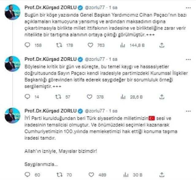 İYİ Parti'den 'Cihan Paçacı' açıklaması: İstifa ederek saygıdeğer bir sorumluluk örneği sergiledi