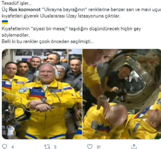 Rus kozmonotların Ukrayna'ya destek vermek için sarı ve mavi renkte giyindiği iddiası