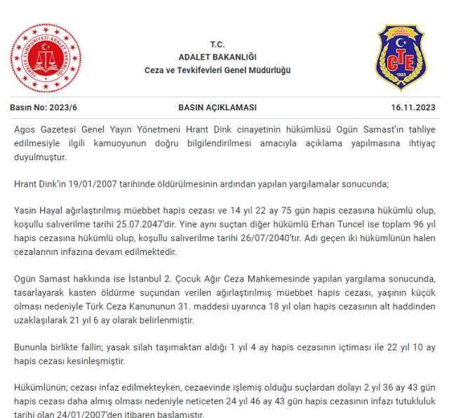 Adalet Bakanlığı'ndan Ogün Samast'ın tahliyesine ilişkin açıklama: 5275 sayılı kanun hükümlerine göre cezası infaz edildi