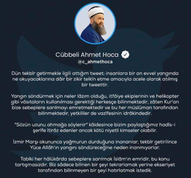 'Tekbirler yangını söndürür' paylaşımı yapan Cübbeli Ahmet Hoca geri adım attı