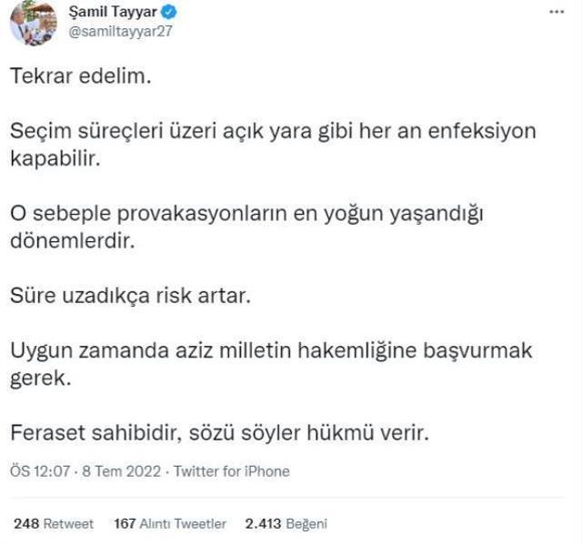AK Partili Şamil Tayyar'dan dikkat çeken erken seçim çıkışı: Süre uzadıkça risk artar