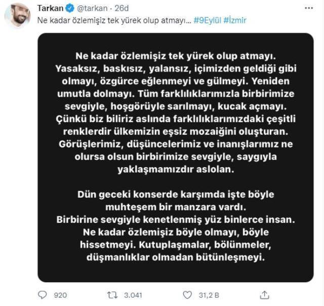 Tarkan: Ne Kadar Özlemişiz Tek Yürek Olup Atmayı. Yasaksız, Baskısız, Yalansız, İçimizden Geldiği Gibi Olmayı, Özgürce Eğlenmeyi ve Gülmeyi