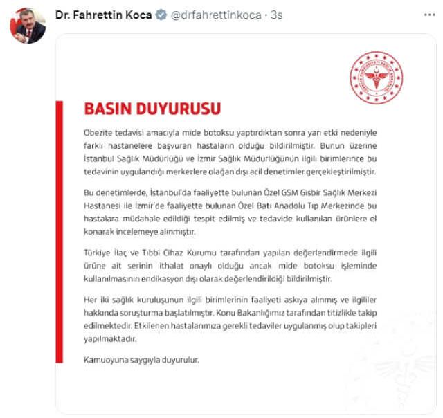 Sağlık Bakanlığı İstanbul ve İzmir'de mide botoksu yapan iki merkeze soruşturma başlattı