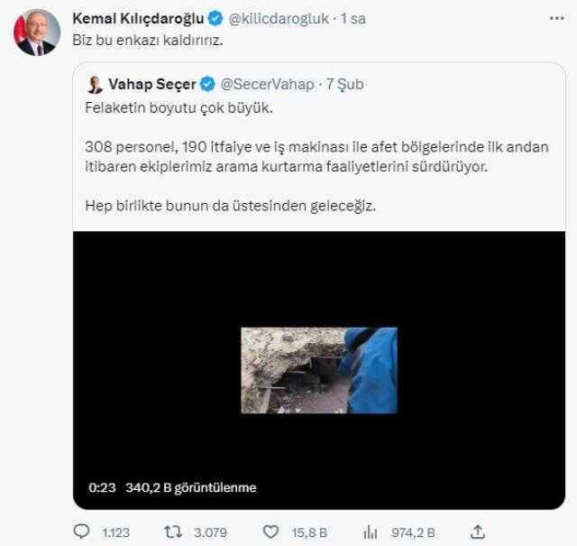 CHP'li belediyelerin deprem bölgesindeki çalışmalarını paylaşan Kılıçdaroğlu: Gelsinler tutuklasınlar