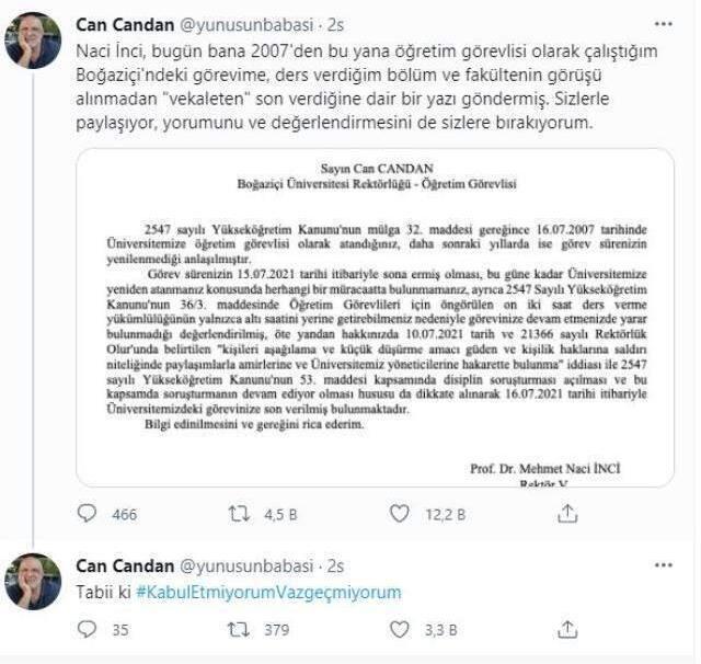 Boğaziçi Üniversitesi'nde Can Candan'ın görevine son verildi