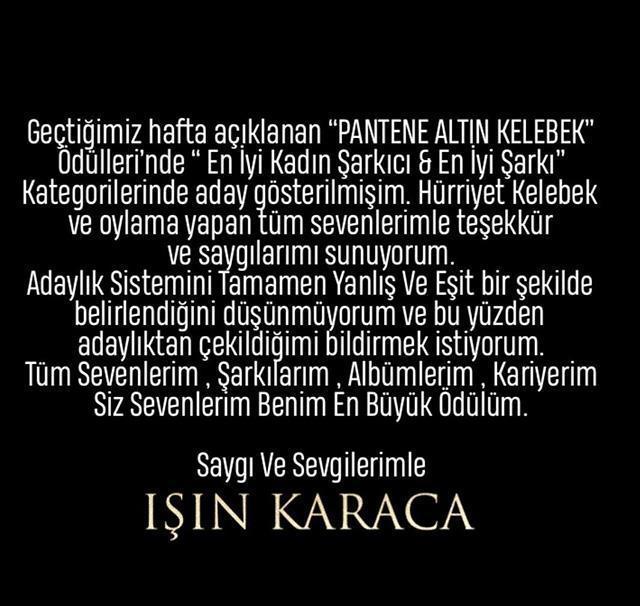 Işın Karaca... ALTIN KELEBEK ADAYLIĞINDAN ÇEKİLDİ!