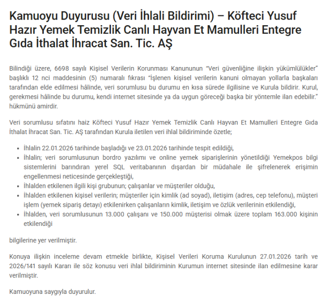 Köfteci Yusuf'a büyük şok! 163 bin kişinin verileri ihlal edildi